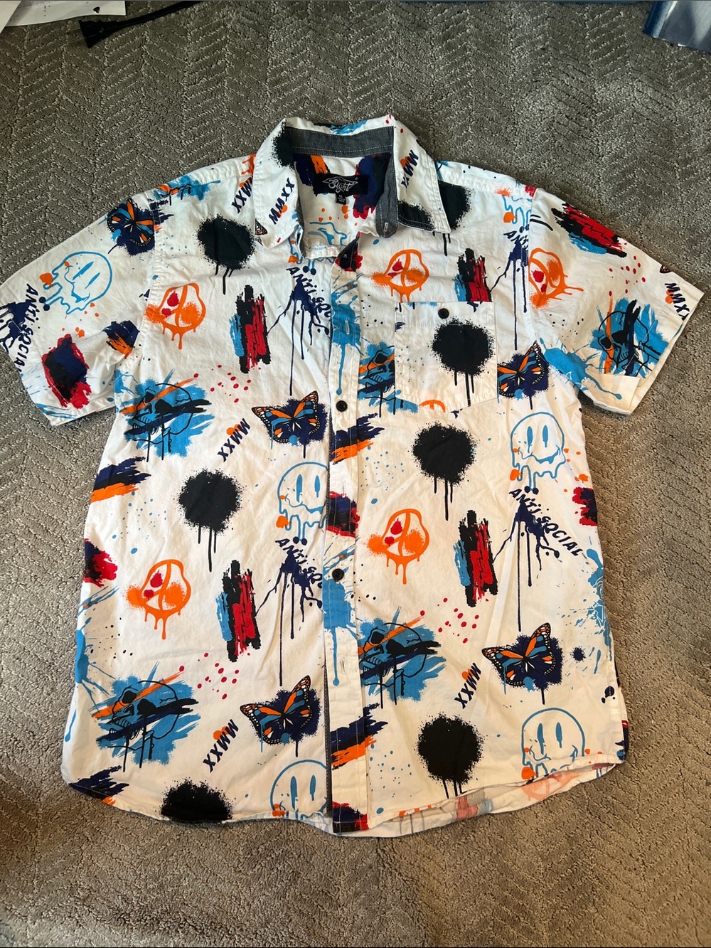 Men's Short-Sleeve Button Up Graphic Shirt in White with Multicolor Accents